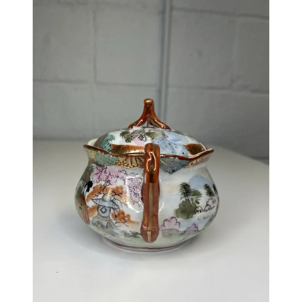 Vintage Kutani Geisha Sugar Bowl BiBi Japan Red Gold Porcelain Hand Painted‎